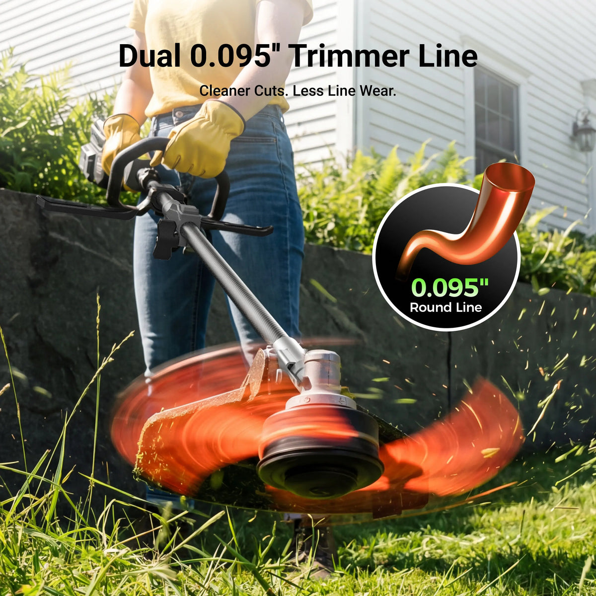 Dual 0.095-inch trimmer line cuts cleaner with less line wear