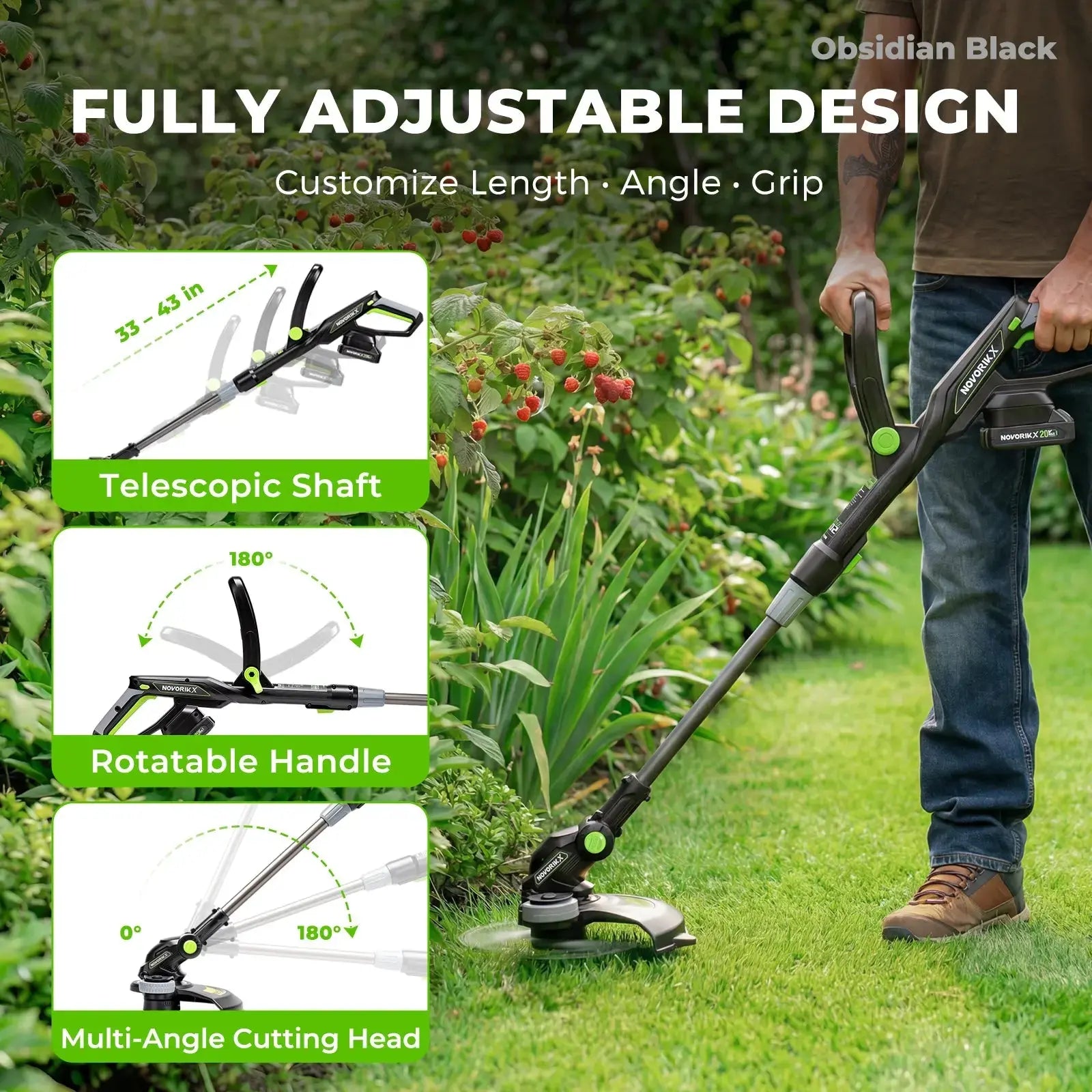 NovorikX Obsidian Black 20V Cordless 12-Inch Telescopic String Trimmer Kit NovorikX