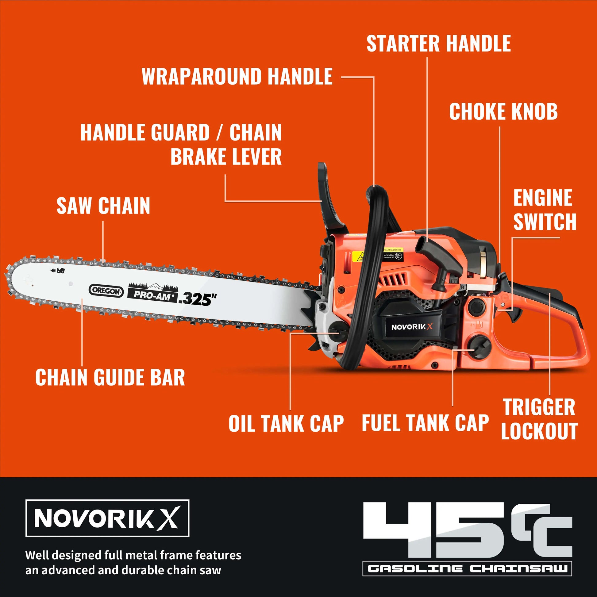 16/18-Inch Gas Powered Chainsaw (45CC) NovorikX