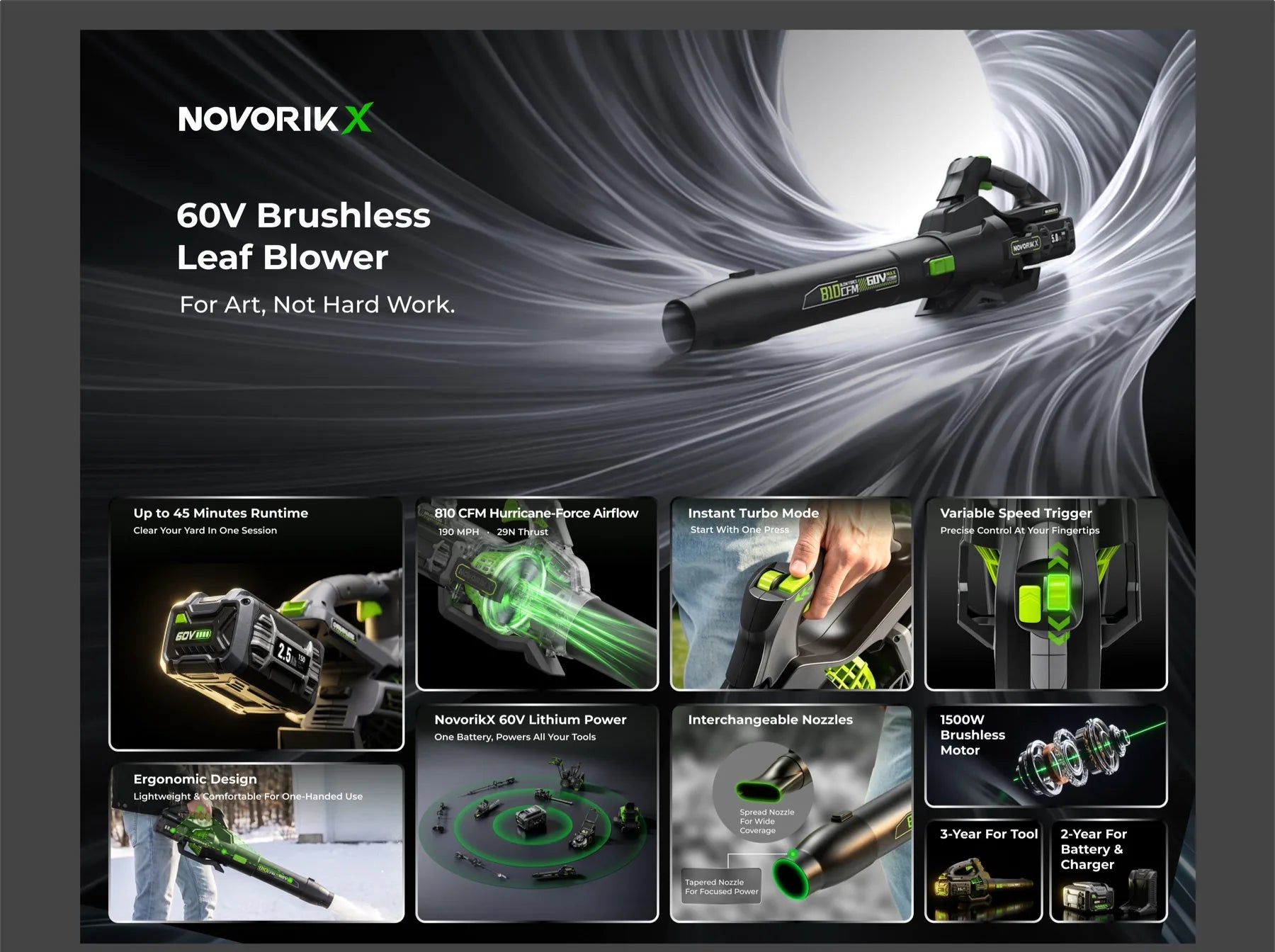 60V Brushless Leaf Blower hero and key feature highlights