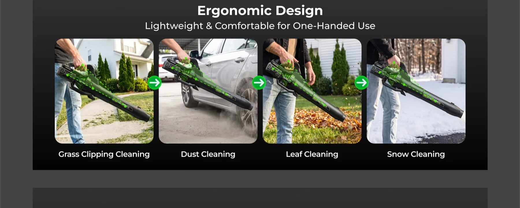 Lightweight ergonomic design for grass, dust, leaf, and snow cleanup