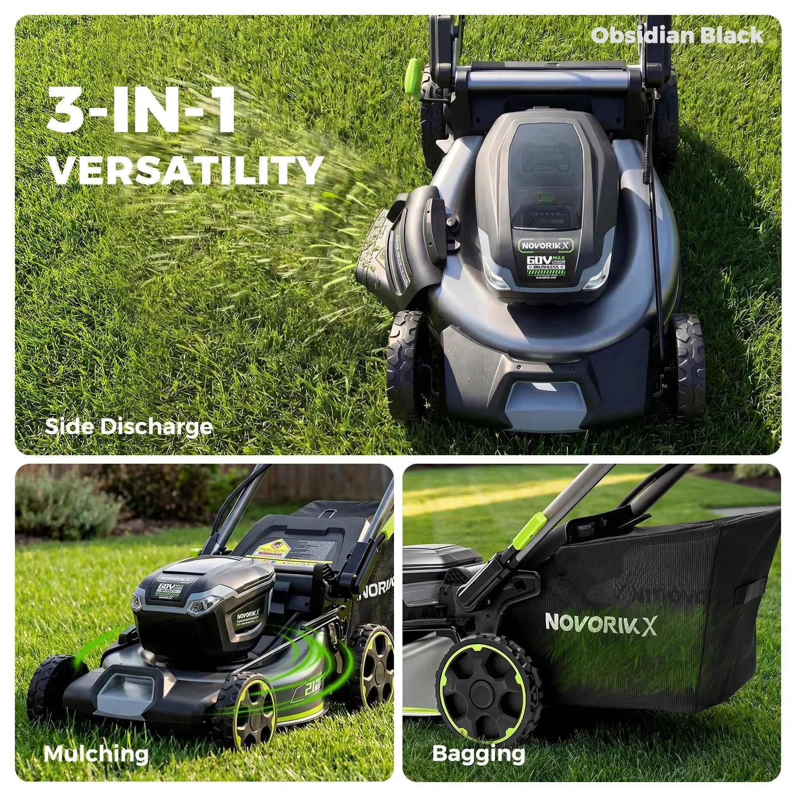 NovorikX Obsidian Black 60V Brushless 21-Inch Self-Propelled Lawn Mower Kit  NovorikX