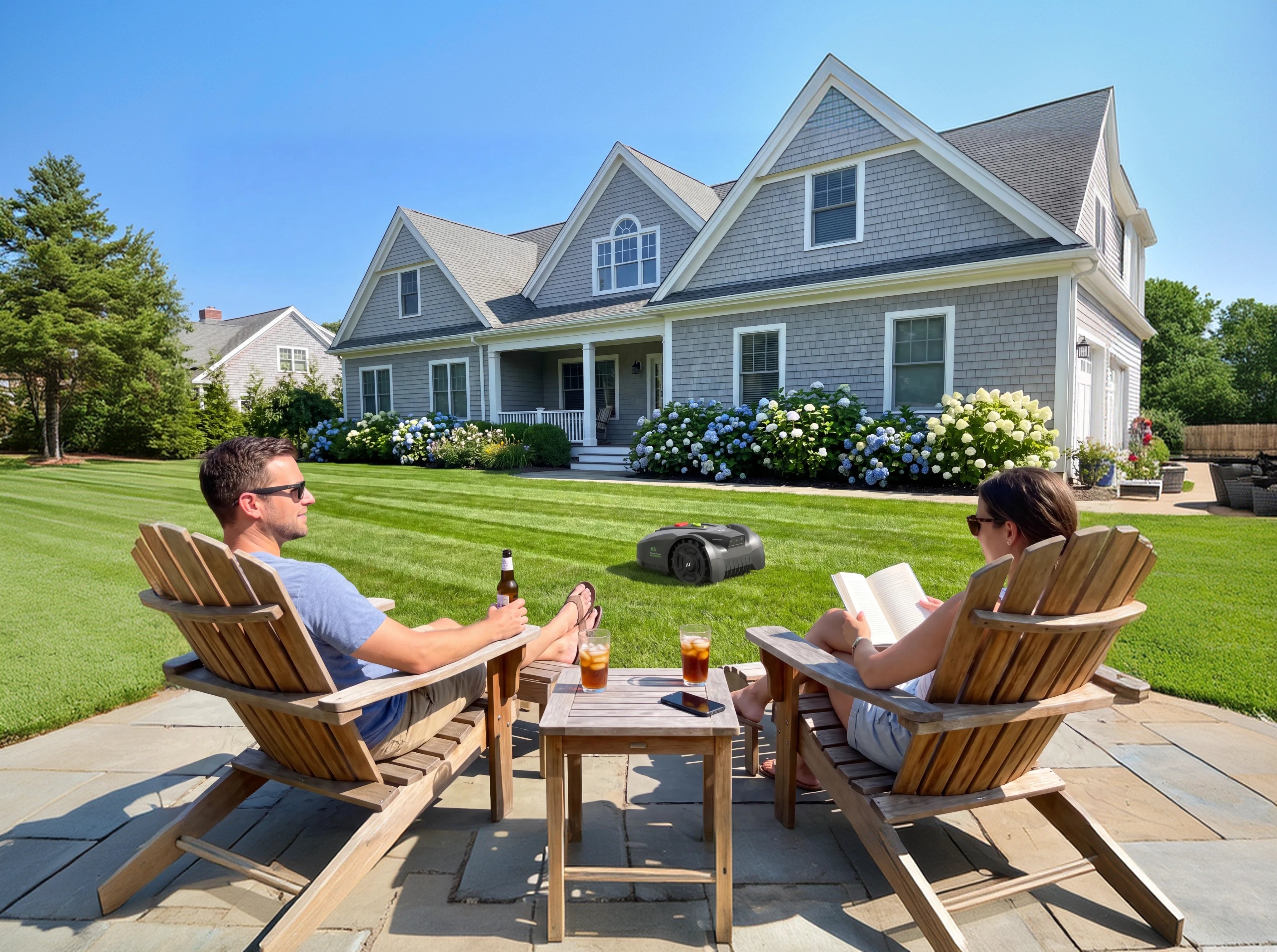 Customers relaxing while their yard is maintained