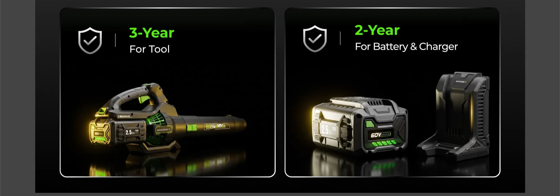 3-year tool warranty, 2-year battery and charger warranty, and included accessories