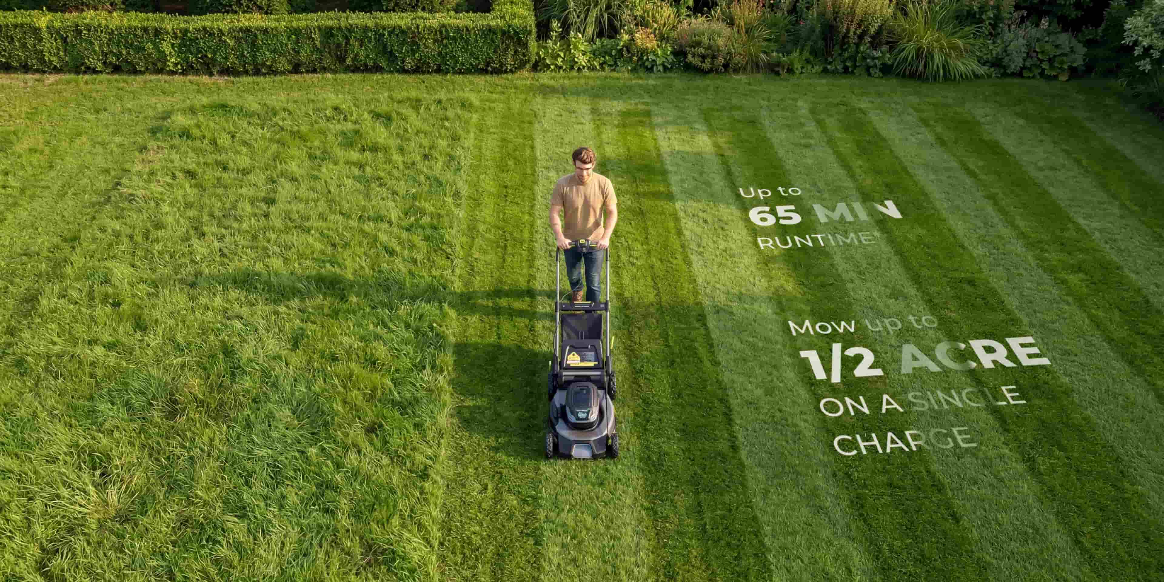 Self-propelled mower cutting a lawn with up to ½-acre one-charge coverage