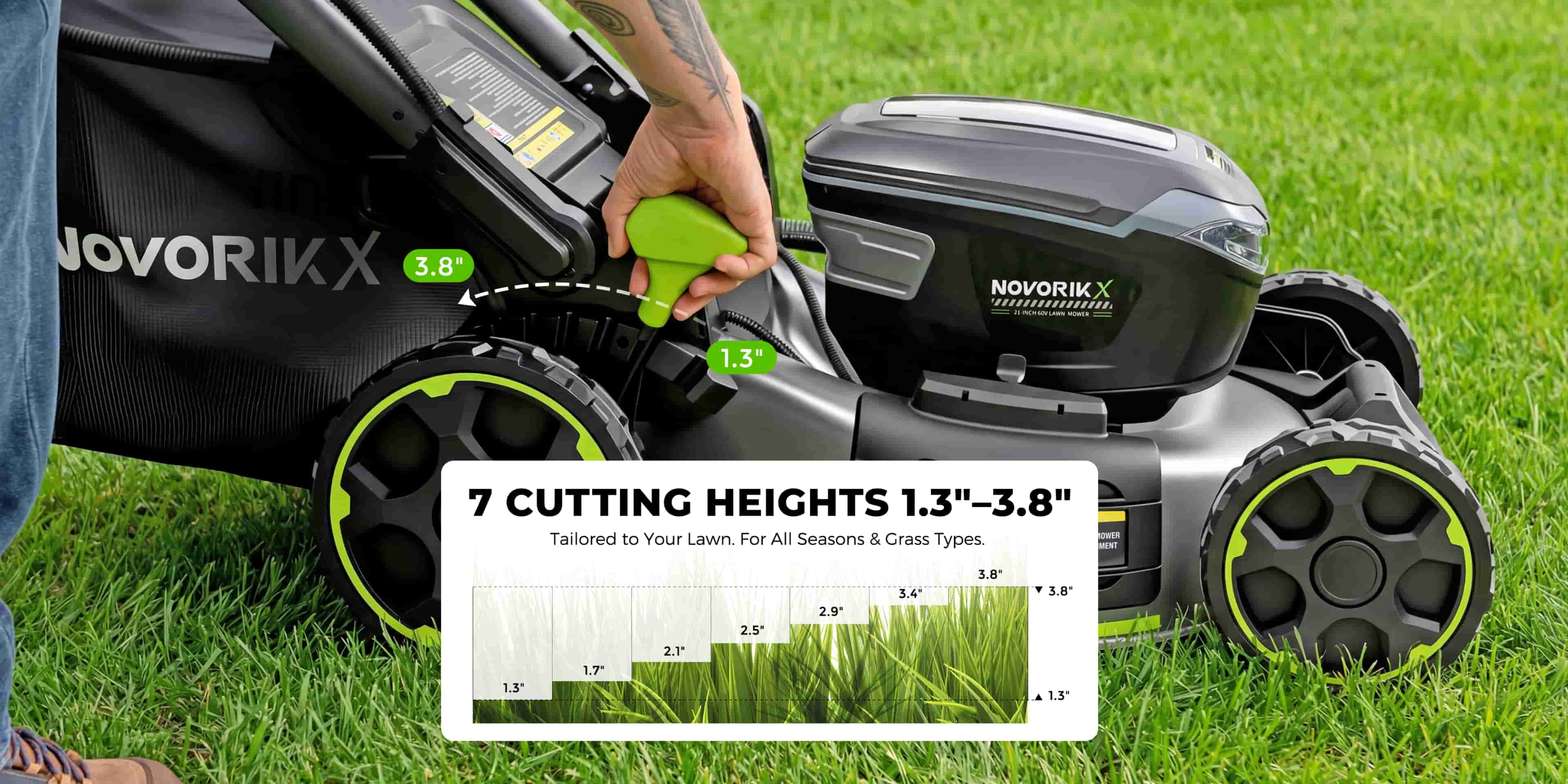 Cutting height guide showing seven positions from 1.3 to 3.8 inches