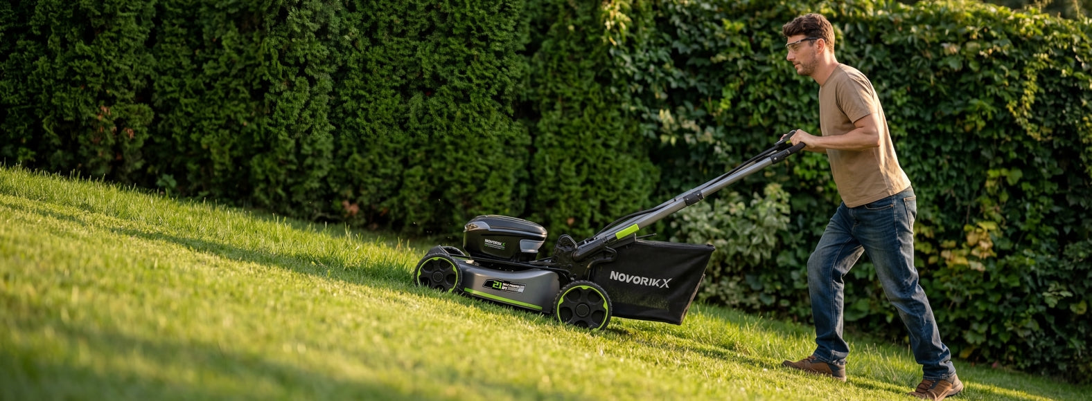 Person controlling the self-propelled mower on a sloped lawn